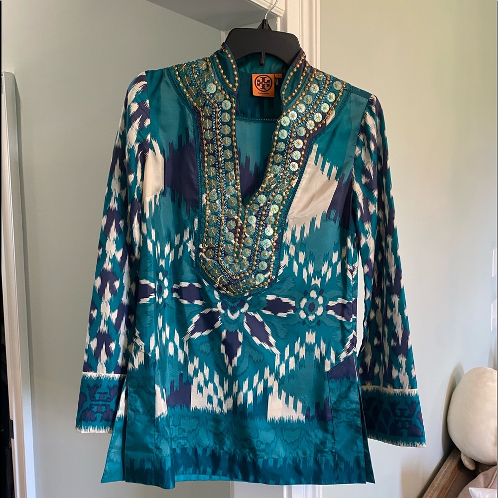 Tory Burch embellished silk tunic, EUC, size 0
